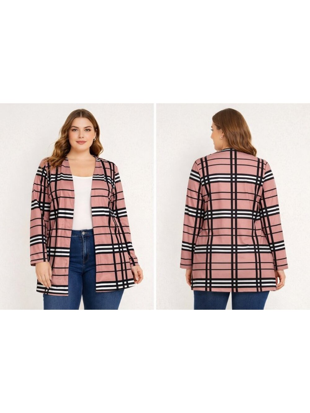 Emery Rose Cardigan 0XL Dusty Pink Plaid Open Front Casual Preppy Drape Jacket